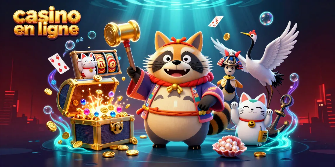 Jouer à des jeux captivants de casino en ligne, avec un tanuki porte-bonheur et des éléments de jeu dynamiques.