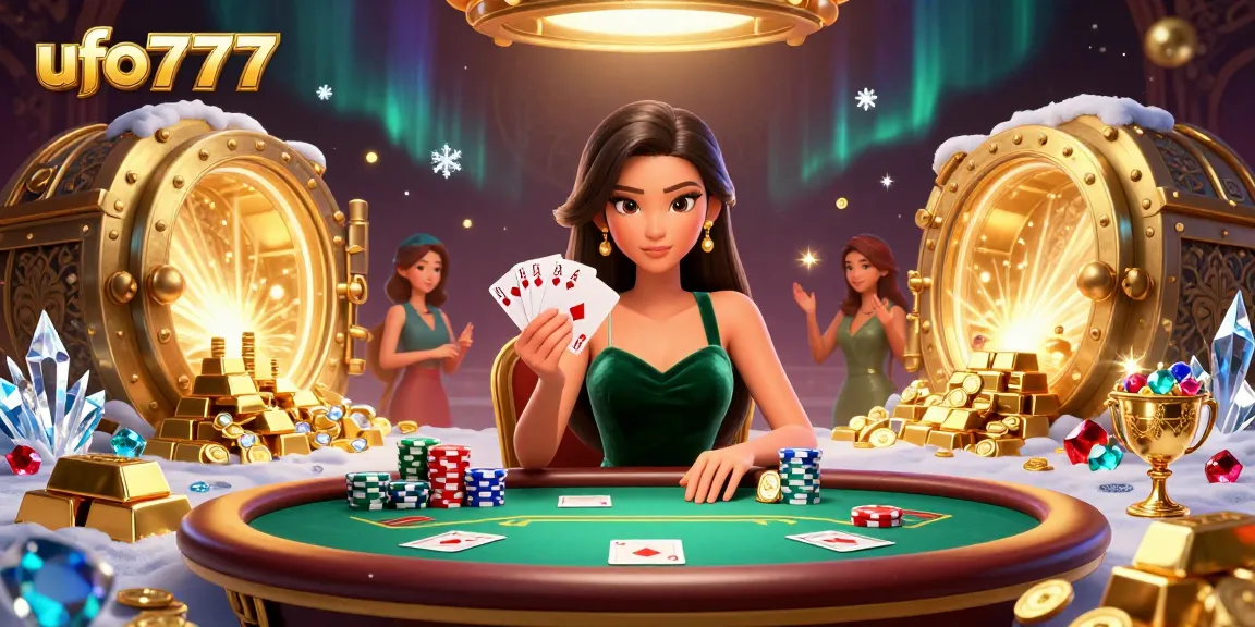 Play poker with the captivating ufo777 at a luxury table, surrounded by dazzling treasures.