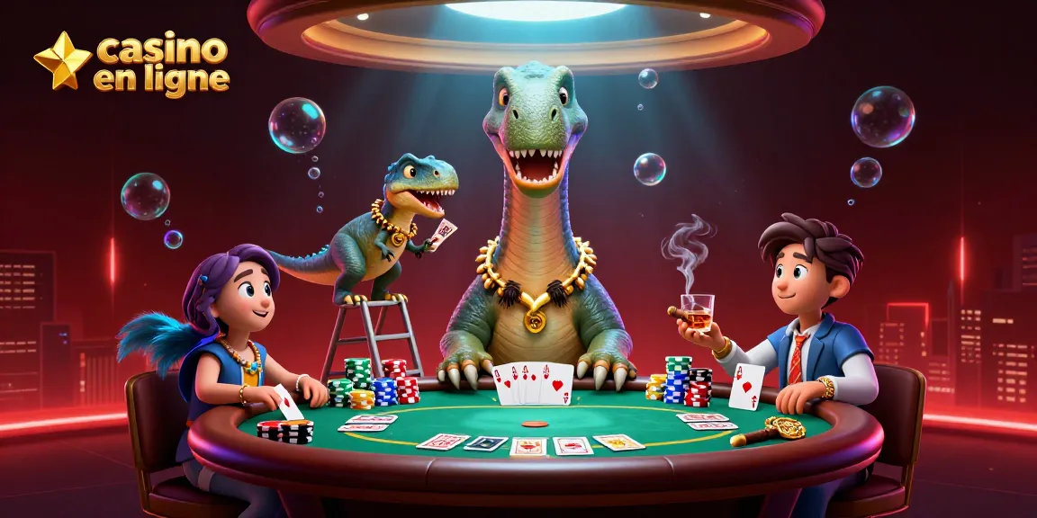 Le brontosaure au casino en ligne attire l'attention avec des cartes et des jetons colorés.