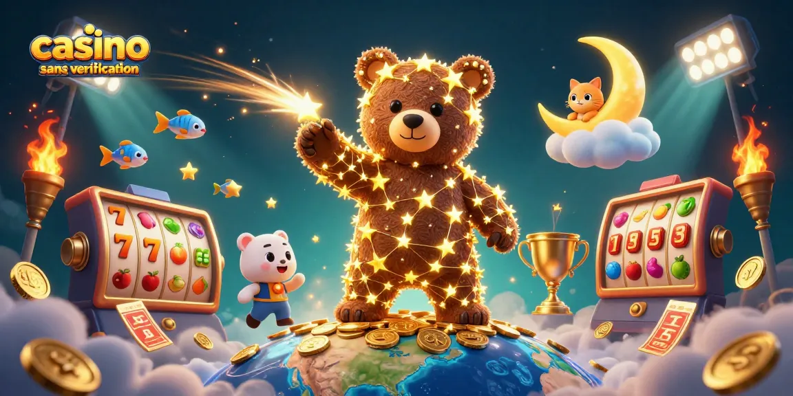 Profitez de l'excitation d'un casino sans vérification avec des étoiles dorées et des pièces scintillantes.