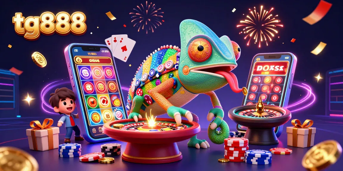 Spin vibrant slot games with tg888’s chameleon casino owner amidst golden coins and poker excitement