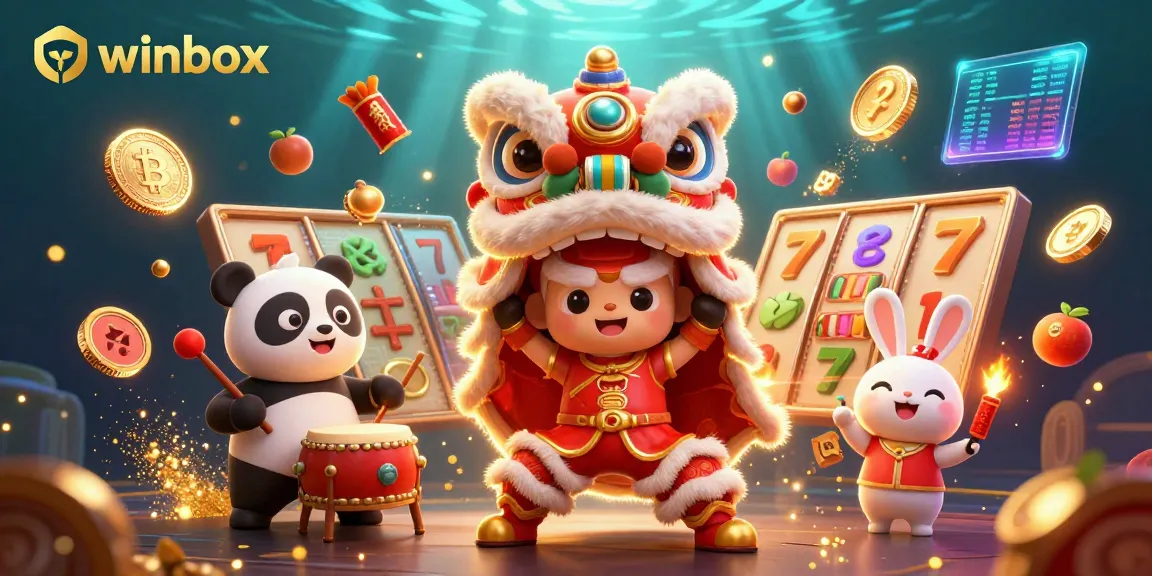 Winbox online casino scene featuring a lively lion dance, drumming panda, and festive decorations.