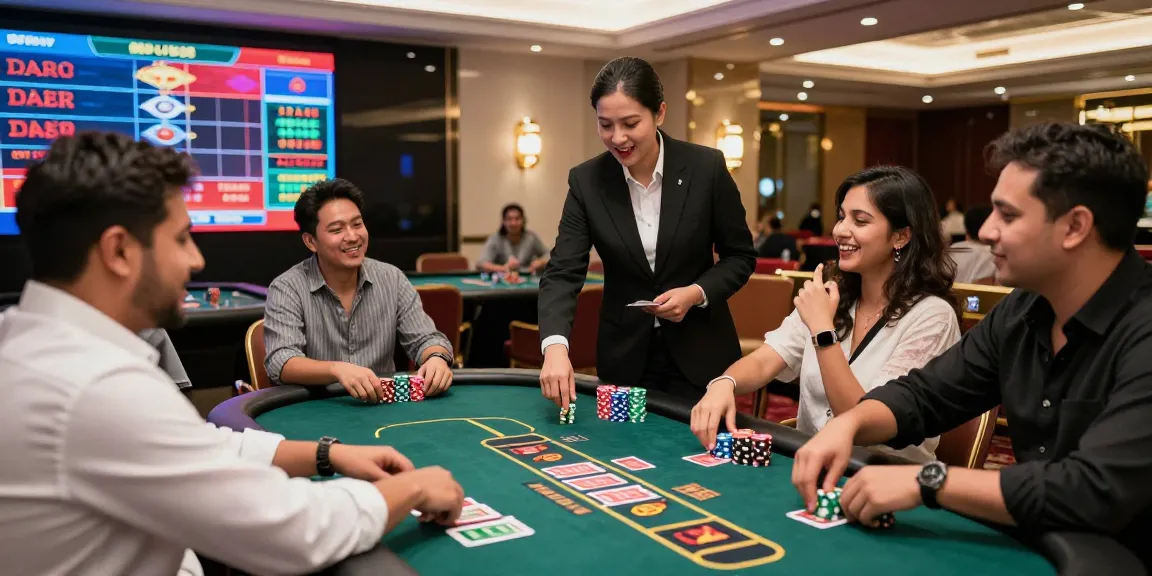 Engaging andar bahar game scene with players interacting and real dealer in vibrant casino.