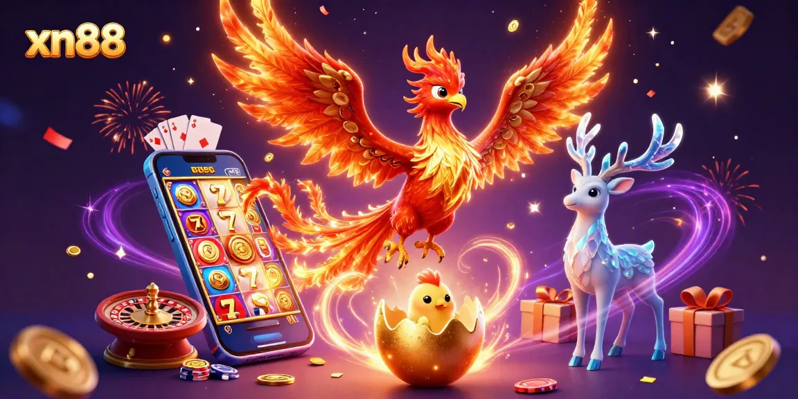 Spin to win at xn88 with a colorful scene of slot games and a majestic phoenix.