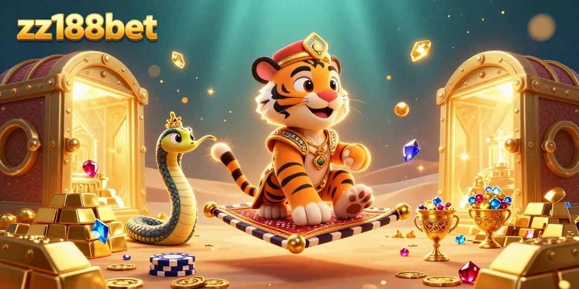 Experience thrilling action and adventure with zz188bet's exciting gaming elements in this vibrant 3D casino illustration.