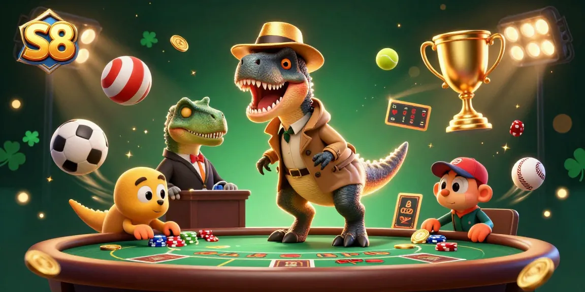 Engage with S8's vibrant atmosphere as a velociraptor card counter blends into a thrilling casino scene.