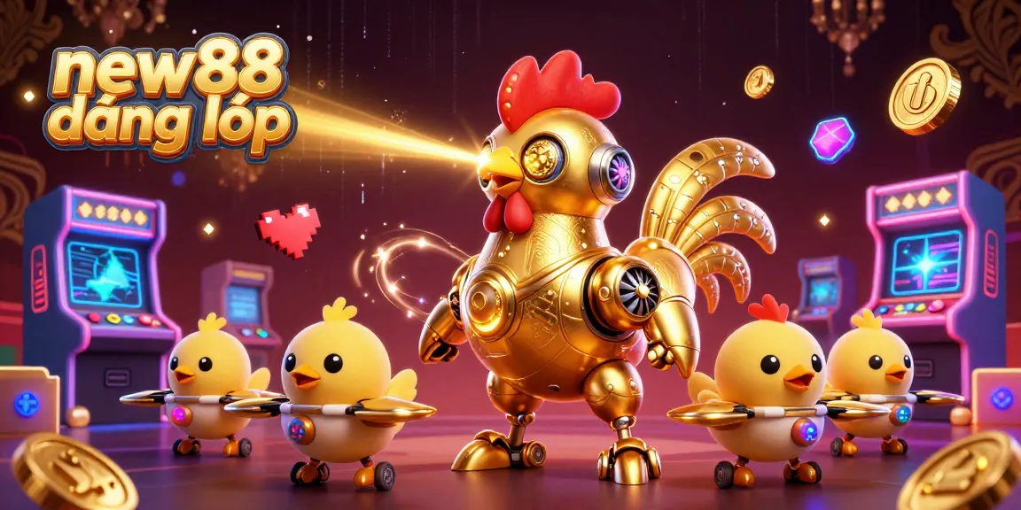 Win big at new88 đăng nhập with vibrant casino-themed 3D illustration showcasing a golden rooster robot and arcade games.