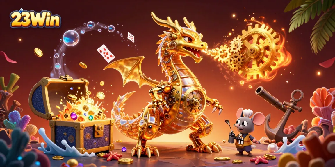 Experience thrilling gaming adventures with 23Win's stunning dragon illustration amidst treasures and casino elements.