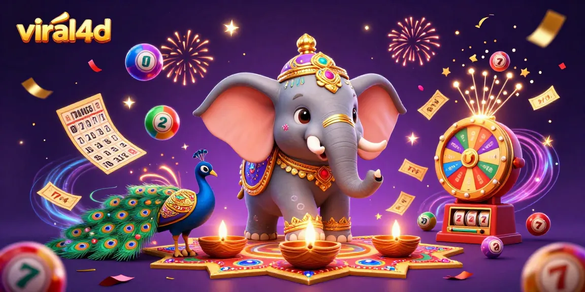 Menggandakan kemenangan di viral4d dengan ilustrasi gajah bercorak Diwali dan banyak elemen lotere.