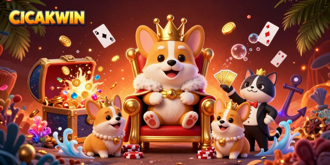 CICAKWIN showcases a royal corgi on poker chips amidst gold coins and gaming elements, emphasizing victory.