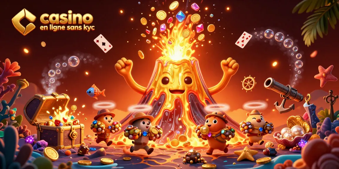 Profitez d'une expérience casino en ligne sans KYC avec une illustration d'une éruption de trésors trouvés.