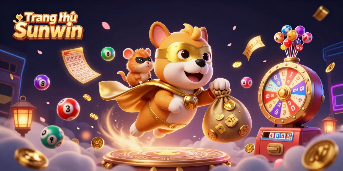 Engage with Trang chủ Sunwin through an action-packed scene featuring a superhero dog and festive game elements.