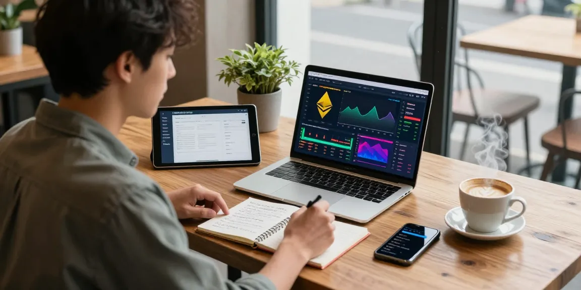 Funexchange crypto trading scene in a coffee shop with Ethereum charts, decentralized finance insights, and digital wallet.