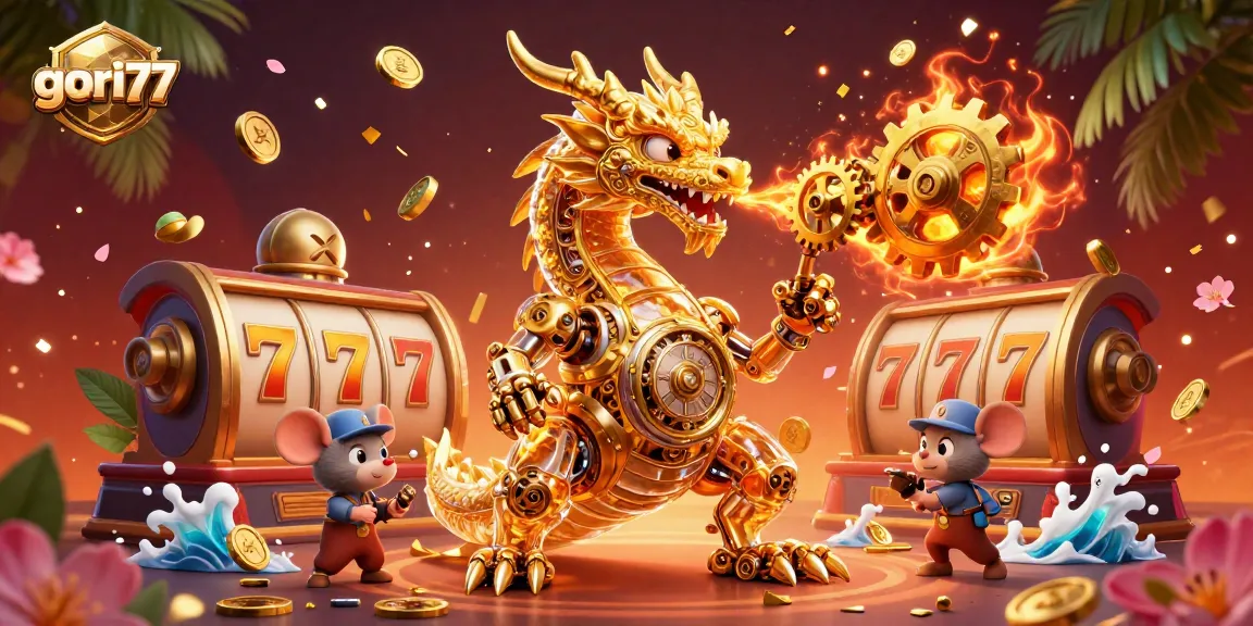 Engage with gori77's thrilling casino world featuring a golden dragon amidst slot reels and vibrant decorations.