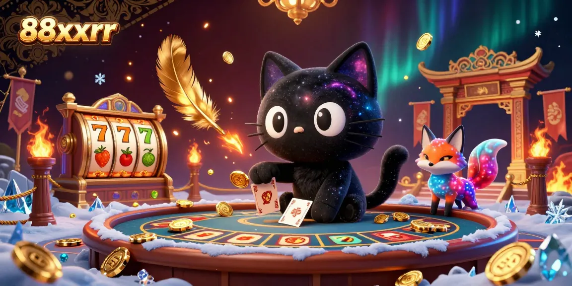 Engage with 88xxrr at a cosmic casino, featuring a black hole cat and nebula fox in vibrant action.