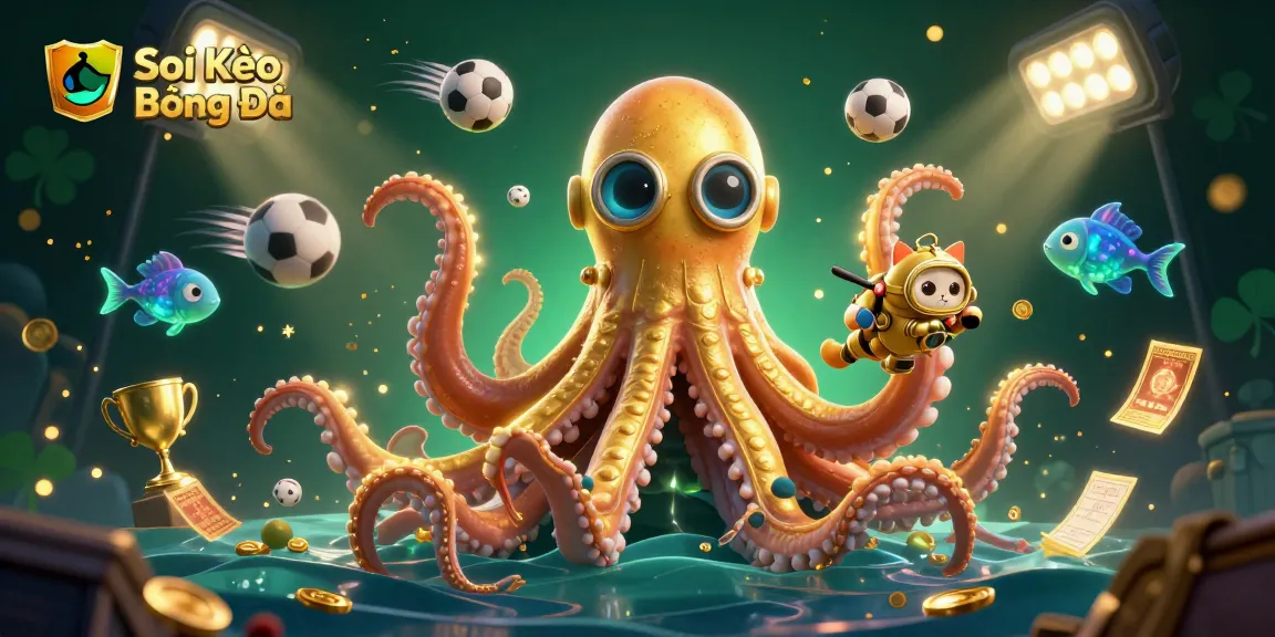 Soi Kèo Bóng Đá featuring a colossal kraken, diving cat, and dynamic sports scene with glowing elements.