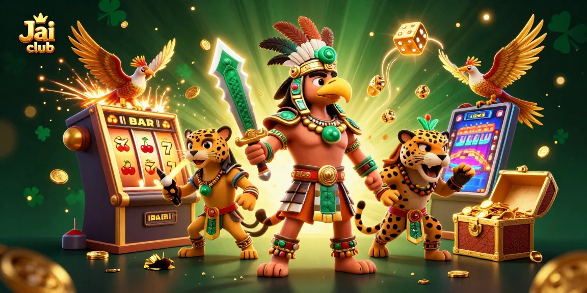 Win big with Jai club in this thrilling 3D casino scene featuring dynamic slot games and vibrant characters.