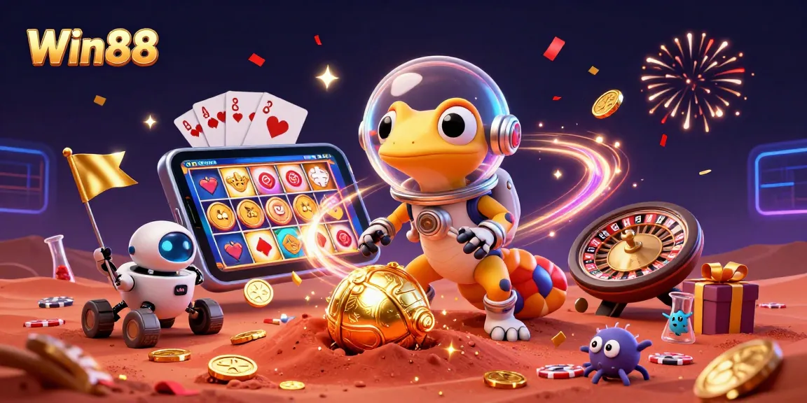 Win88 launches gameplay excitement with a Martian gecko discovering a golden casino.