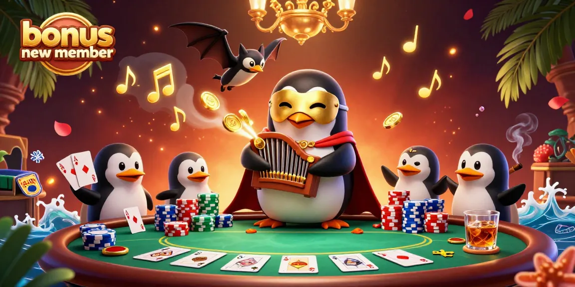 Join the fun with a bonus new member offer as the penguin plays amid golden coins and poker excitement.