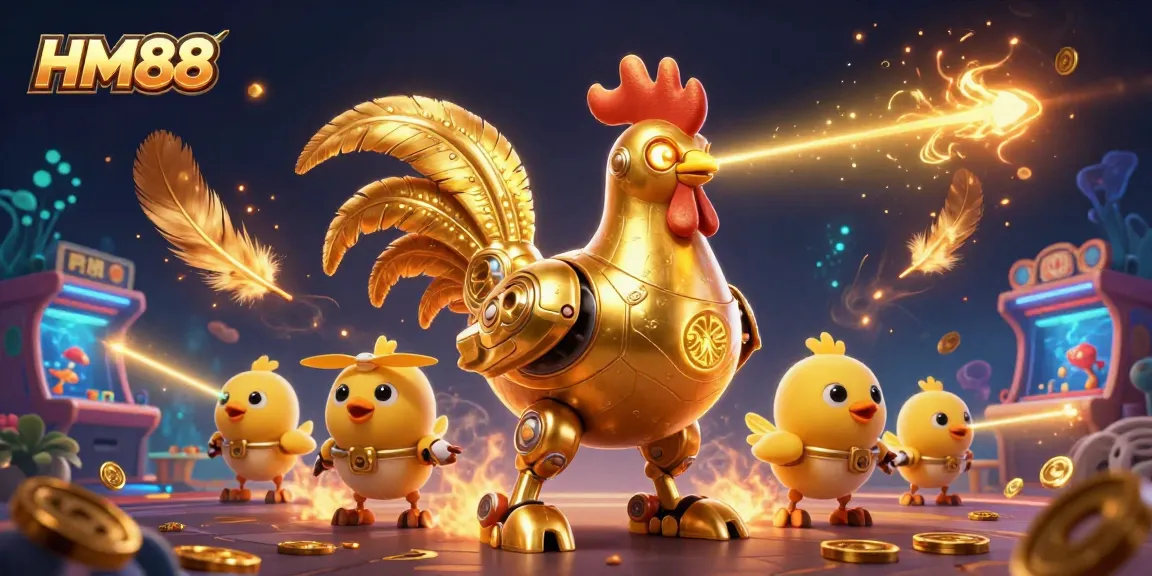 Engage with HM88's thrilling fish shooting arcade featuring a dynamic golden rooster robot and chick drones.