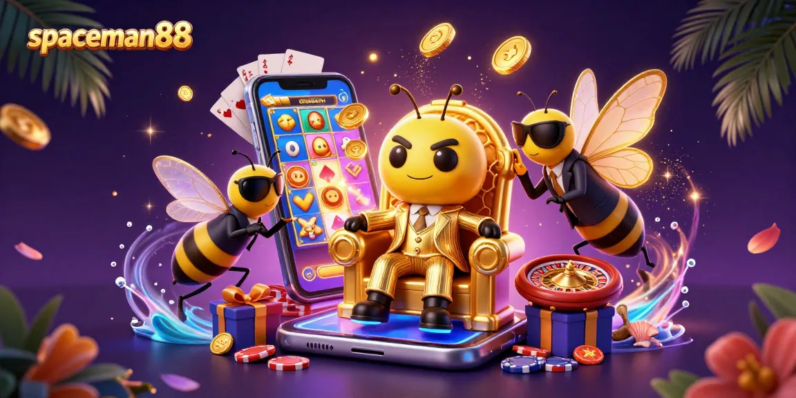 Experience the thrilling world of spaceman88 with an exciting cartoon casino scene filled with vibrant game elements.