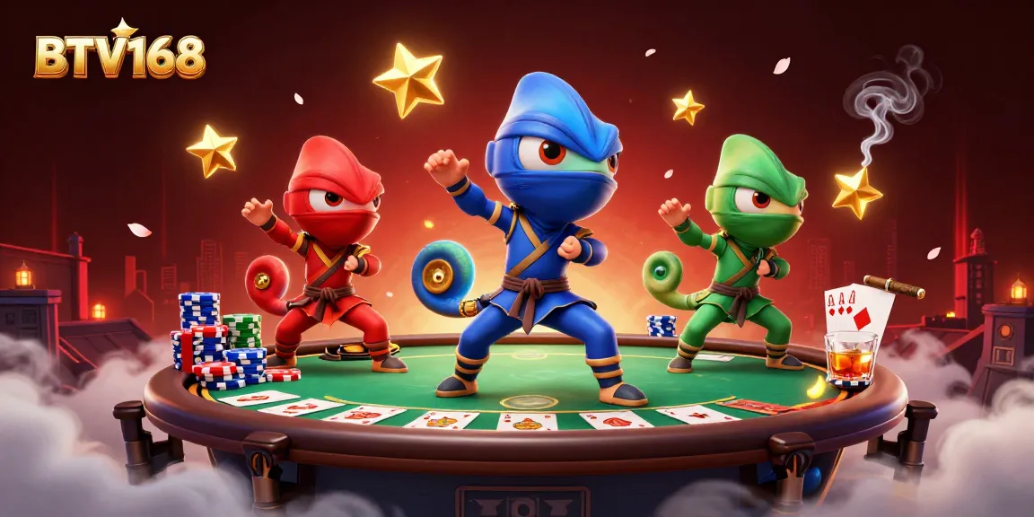 BTV168 features a dramatic scene with 3D cartoon ninja chameleons showcasing poker mastery amidst a vibrant backdrop.