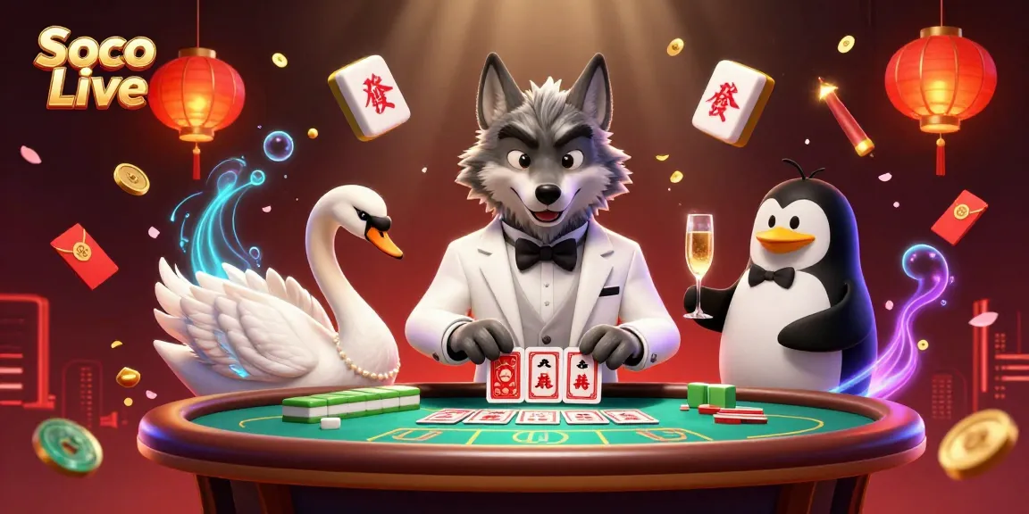 Soco Live showcases an entertaining casino scene with a stylish wolf, elegant swan, and sophisticated penguin amid rich gambling elements.