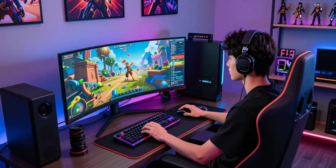Immersive gaming setup featuring pakde4d on a futuristic monitor, vibrant visuals, and gaming peripherals.
