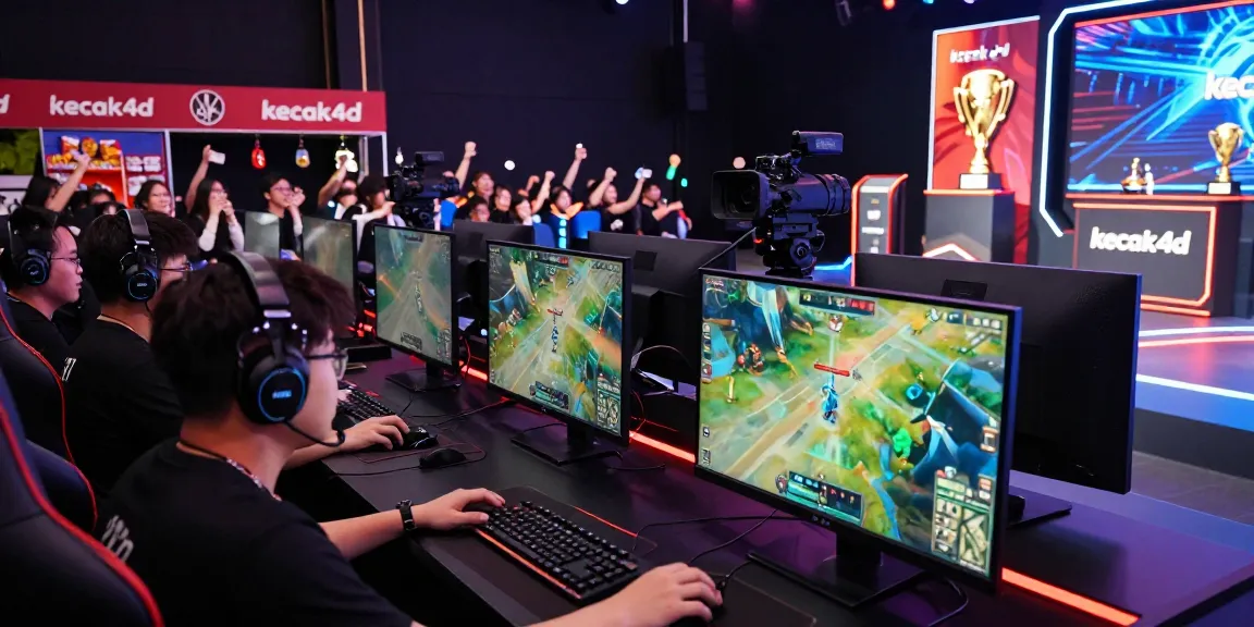 Intense gaming tournament showcasing players engaged with 'kecak4d' screens and cheering crowd, vibrant esports atmosphere.