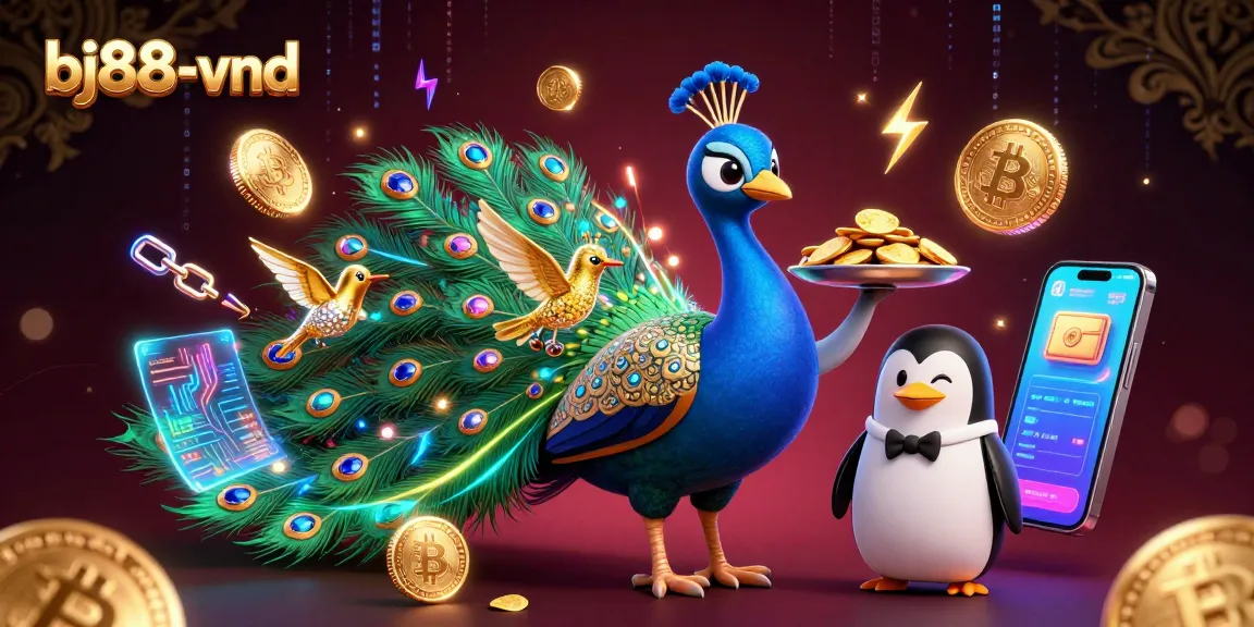 Experience the dynamic excitement of bj88-vnd with an aristocratic peacock, golden chips, and crypto elements.