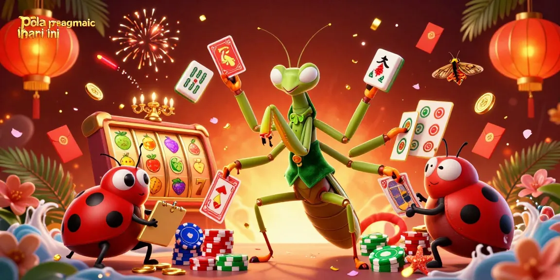 Pola pragmatic hari ini showcases a dynamic casino scene with a giant praying mantis card sharp and vibrant slot elements.